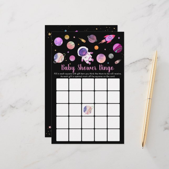 Girl Astronaut Rymden Baby Shower Bingo Game (Fram/Back In Situ)