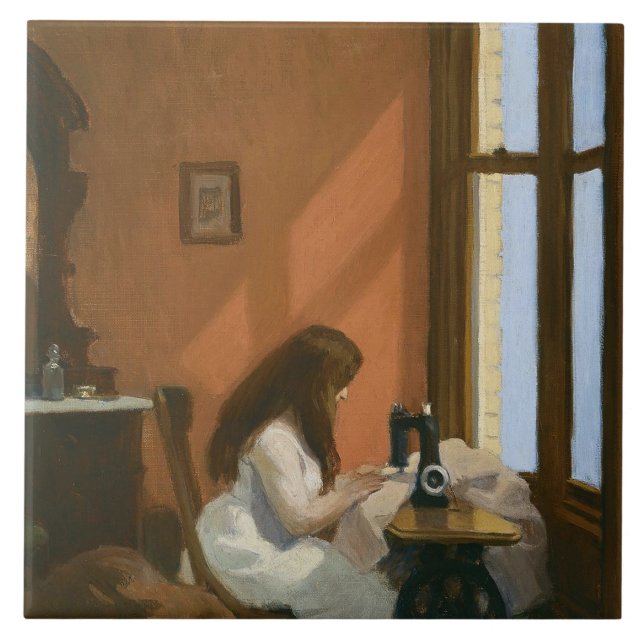 Girl at a Sewing Maskin (av Edward Hopper) Kakelplatta (Framsidan)