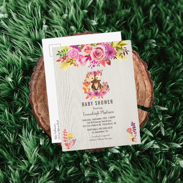 Girl Autumn Baby Shower Woodland Animal Inbjudan Vykort (Skapare uppladdad)