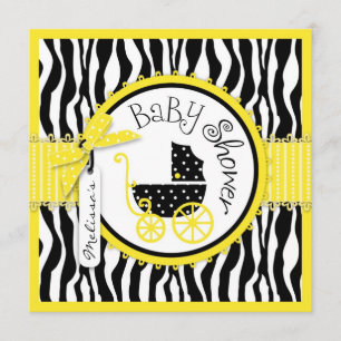 GIRL Baby Carriage, Zebra tryck Gult Baby Shower Inbjudningar