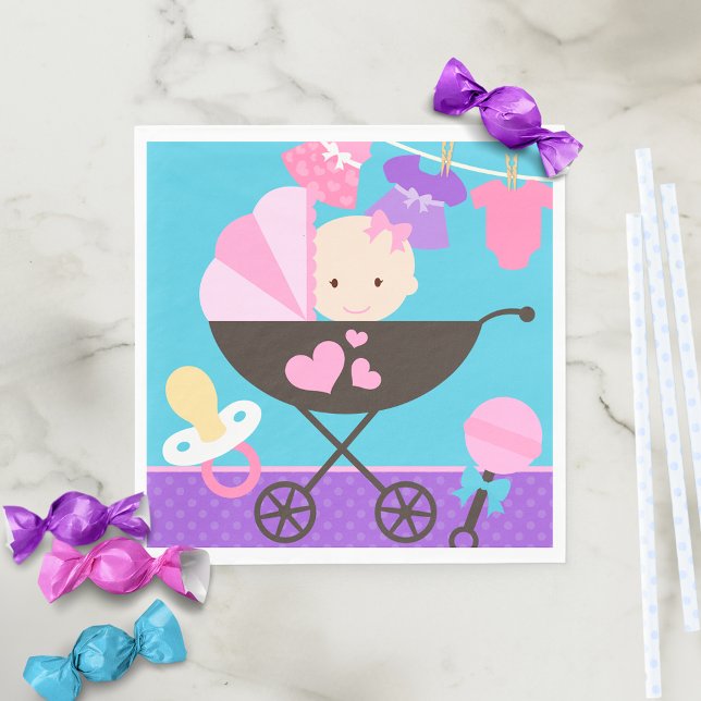 Girl Baby Doll Party Pappra Napkins Pappersservett (Baby Doll Birthday Paper Napkins in Teal Blue, Purple and Pink. )