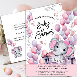 Girl Baby Elephant Rosa Balloons Cute Baby Shower Inbjudan Vykort
