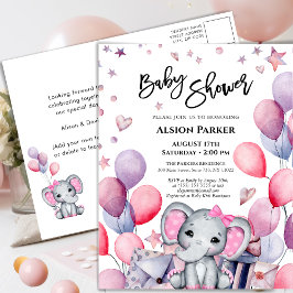 Girl Baby Elephant Rosa Balloons Cute Baby Shower Inbjudan Vykort