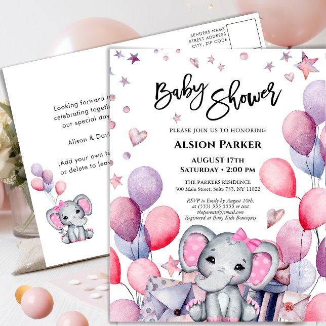 Girl Baby Elephant Rosa Balloons Cute Baby Shower Inbjudan Vykort (Skapare uppladdad)