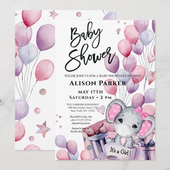 Girl Baby Elephant Rosa Balloons Cute Baby Shower Inbjudningar (Fram/baksida)