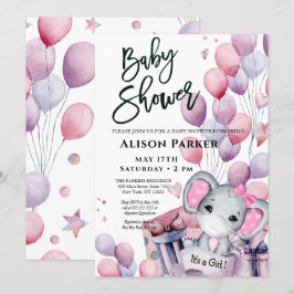 Girl Baby Elephant Rosa Balloons Cute Baby Shower Inbjudningar