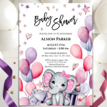 Girl Baby Elephant Rosa Balloons Cute Baby Shower
