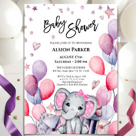 Girl Baby Elephant Rosa Balloons Cute Baby Shower Inbjudningar