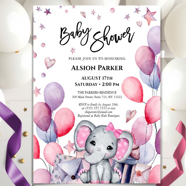 Girl Baby Elephant Rosa Balloons Cute Baby Shower Inbjudningar (Skapare uppladdad)