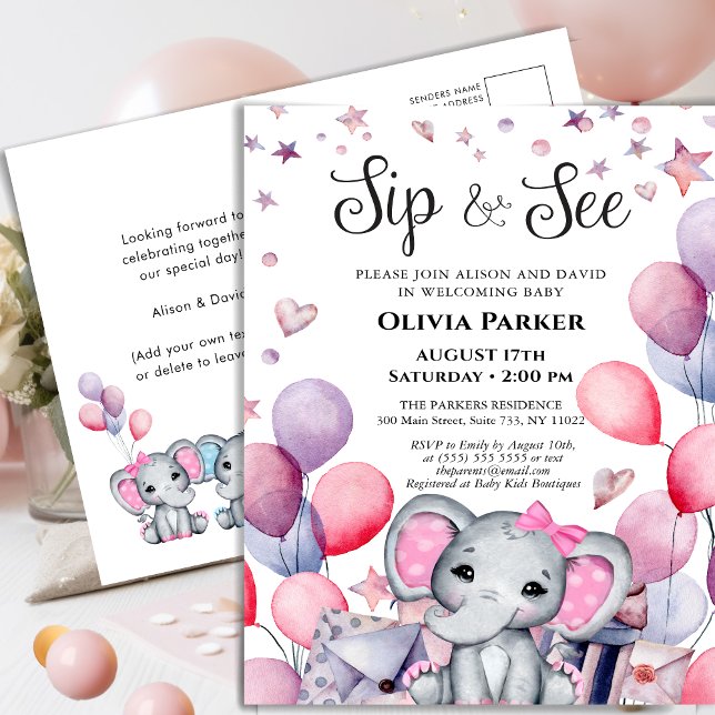 Girl Baby Elephant Rosa Balloons SIP OCH SEE Inbjudan Vykort (Skapare uppladdad)