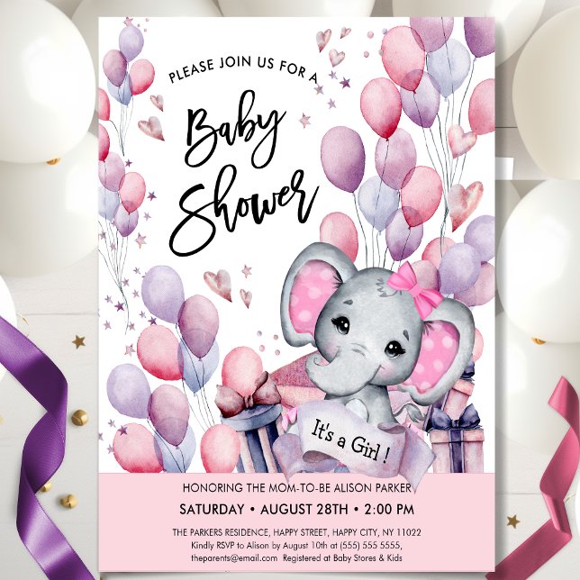 Girl Baby Elephant Rosa Balloons Stars Baby Shower Inbjudningar (Skapare uppladdad)