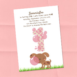 Girl Baby First Birthday Puppy Bubble Gum Inbjudningar