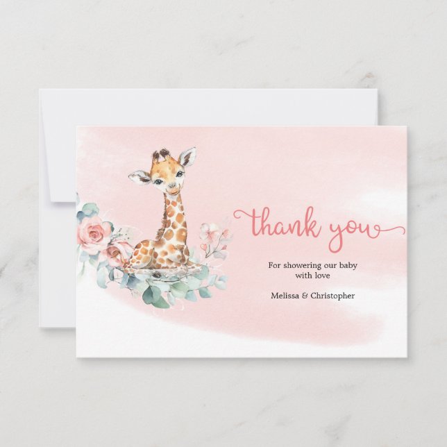  Girl baby giraffe dusty rosa blommor eucalyptus Tack Kort (Framsida)