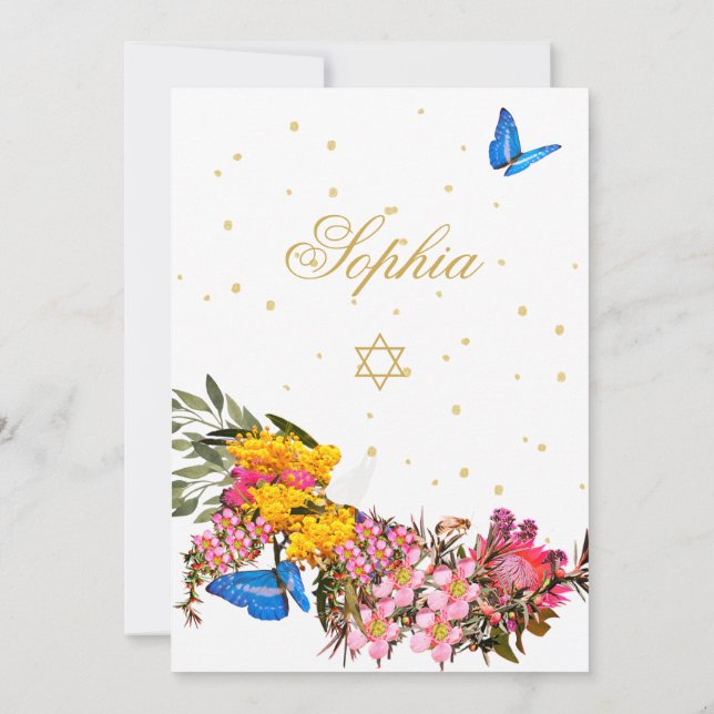 Girl Baby Hebrew Naming Ceremony Blommigt Butterfl Inbjudningar (Baksida)