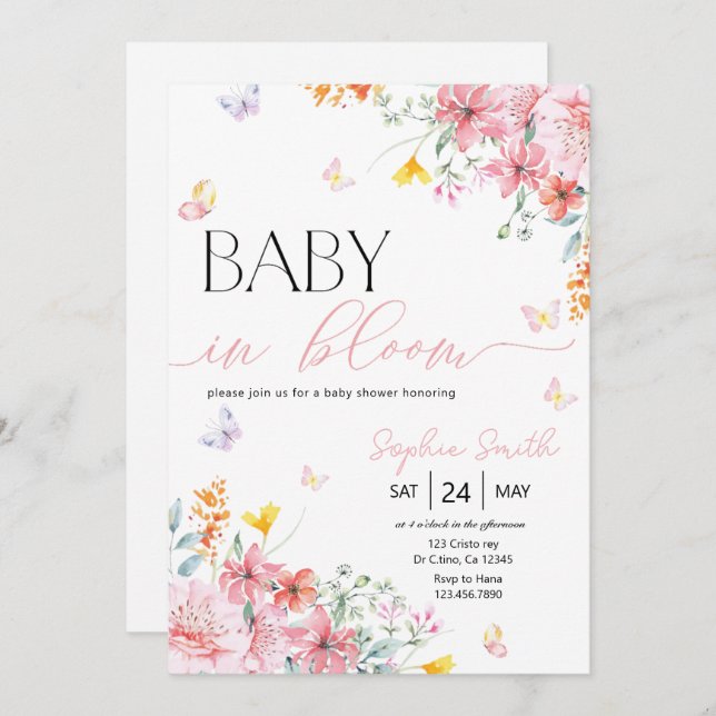 Girl Baby i Bloom Butterfly Baby Shower Inbjudningar (Fram/baksida)