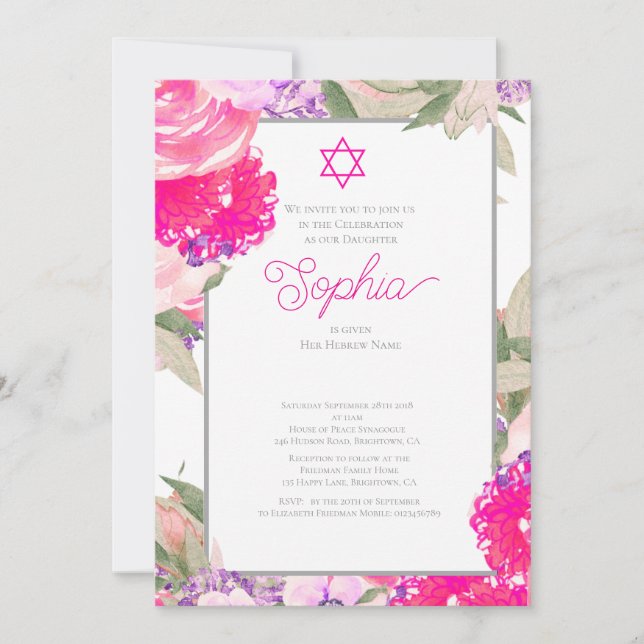 Girl Baby Naming Ceremony Hebrew Blommigt Silver Inbjudningar (Framsida)