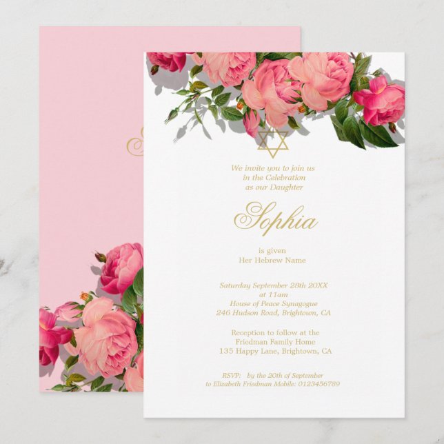 Girl Baby Naming Ceremony Jewish Blommigt Ro Rosa Inbjudningar (Fram/baksida)