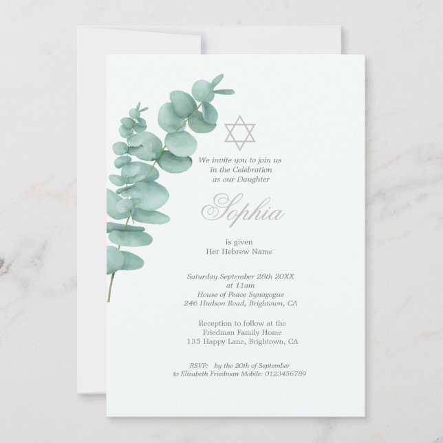 Girl Baby Naming Eucalyptus Hebrew Greenery Inbjudningar (Framsida)