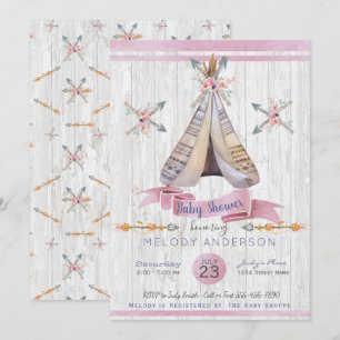 Girl Baby Rosa Shower Boho Chic Teepee & Arrows Inbjudningar