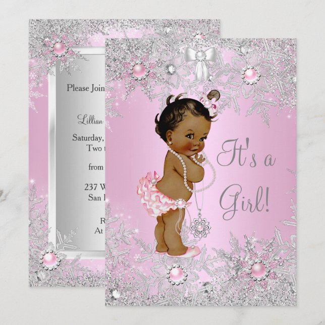 Girl Baby Shower Rosa Winter Wonder Land Ethnic Inbjudningar (Fram/baksida)