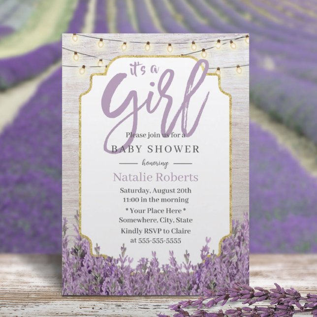 Girl Baby Shower Rustic Lavender String Ljus Inbjudningar (Skapare uppladdad)