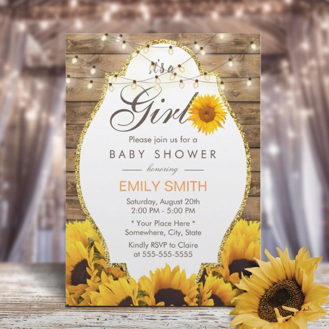 Girl Baby Shower Rustic Sunwers String Ljus Inbjudningar (Skapare uppladdad)