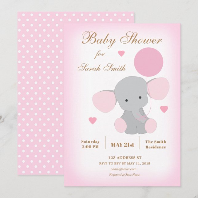 Girl Baby Shower Sprinkle-inbjudan Elephant Rosa Inbjudningar (Fram/baksida)