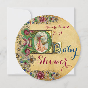 GIRL BABY SHOWER STORK BLOMMIGT PARCHMENT MONOGRAM INBJUDNINGAR