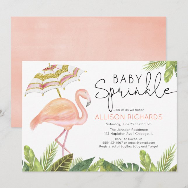 Girl baby sprinkle flamingo rosa guld dusch inbjudningar (Fram/baksida)