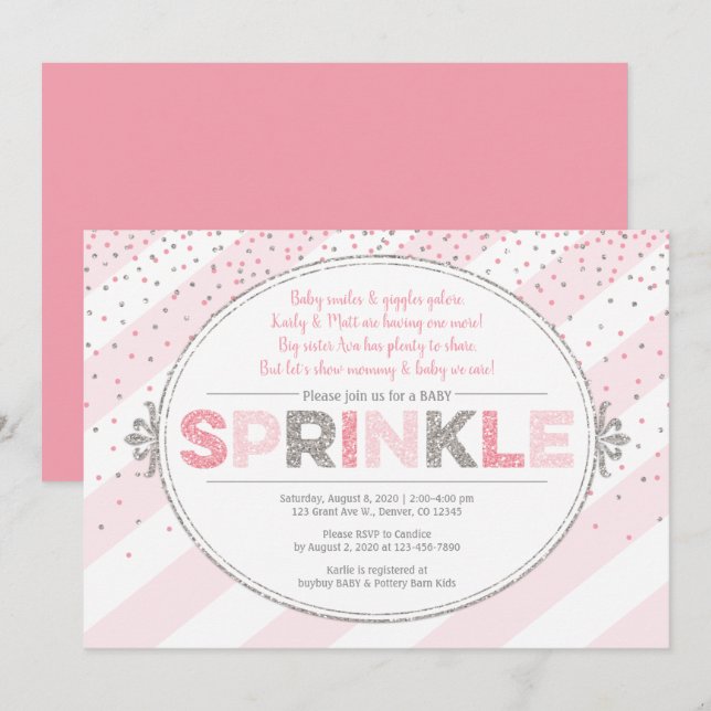 Girl baby sprinkle-inbjudan rosa silver inbjudan (Fram/baksida)