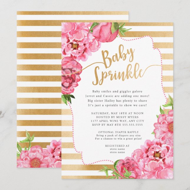 Girl Baby Sprinkle | rosa guld peonies Inbjudningar (Fram/baksida)