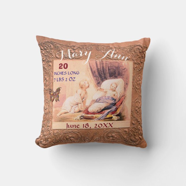 Girl Baby Stats Antique Rosa Blommigt Keepsaké Kudde (Framsida)