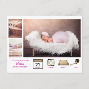 Girl BABY STATS Photo Collage Modern Rosa Vykort