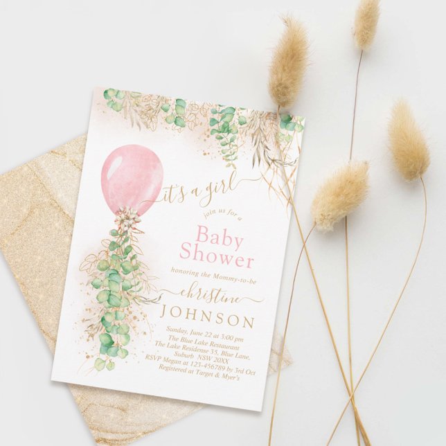 Girl Balloon Eucalyptus Guld Glitter Baby Shower I Inbjudningar (Skapare uppladdad)