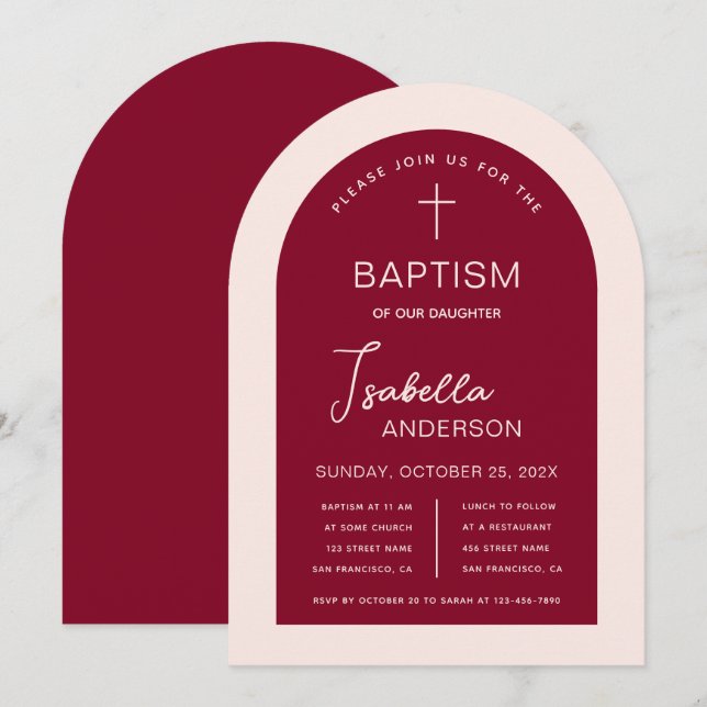Girl Baptism Arch Burgundy Rosa Modern Script Inbjudningar (Fram/baksida)