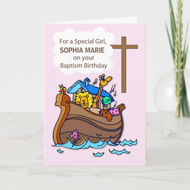 Girl Baptism Birthday med Noahs Ark på Rosa Kort (Framsida)