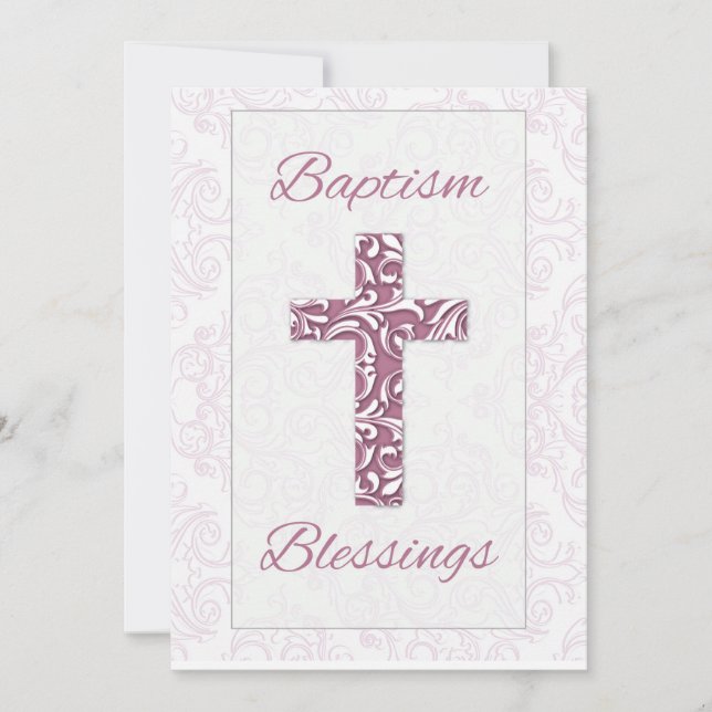 Girl Baptism Blessings Rosa Kor Damask Swirls Inbjudningar (Framsida)