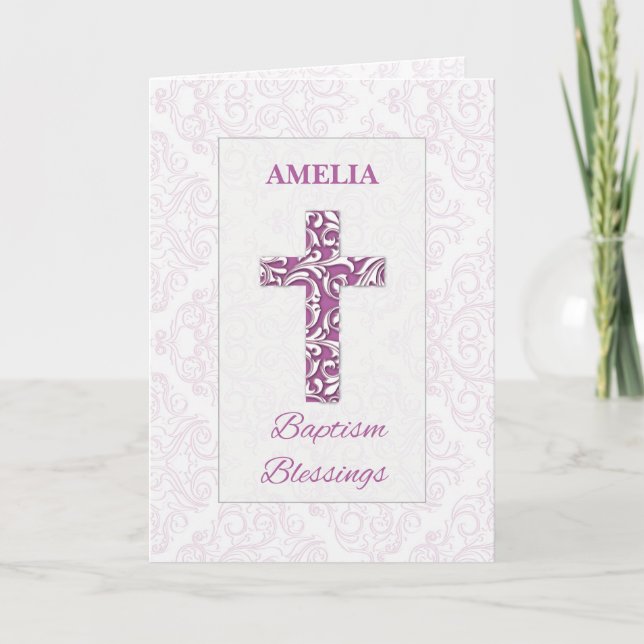 Girl Baptism Blessings Rosa Kor Damask Swirls Kort (Framsida)
