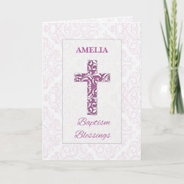 Girl Baptism Blessings Rosa Kor Damask Swirls Kort