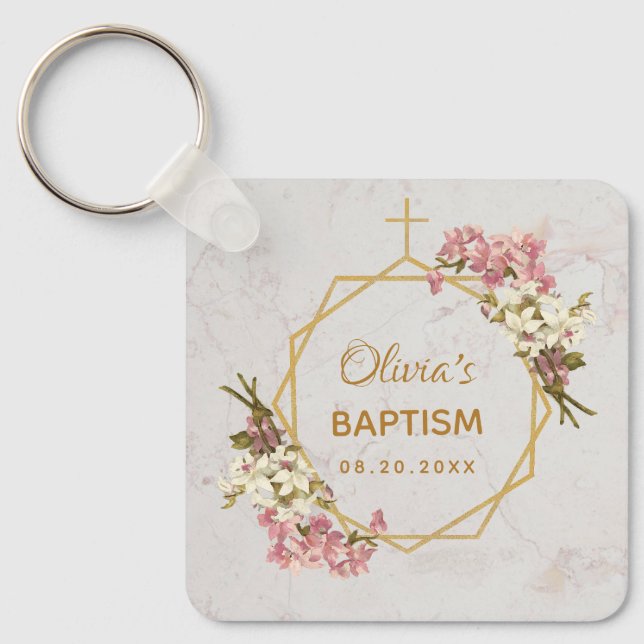 Girl Baptism Blommigt Guld Marble Rosa Orchids Nyckelring (Framsida)