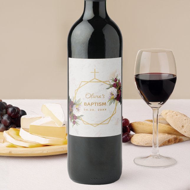 Girl Baptism Blommigt Marble Guld Peonies Butterfl Vinflaska Etikett (Skapare uppladdad)