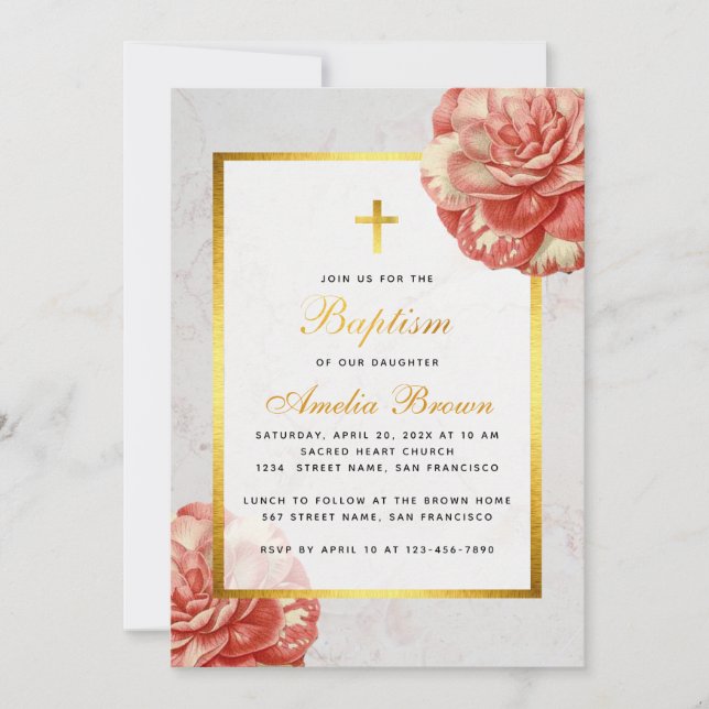 Girl Baptism Blommigt Rosa Camellia Faux Guld Marb Inbjudningar (Framsida)