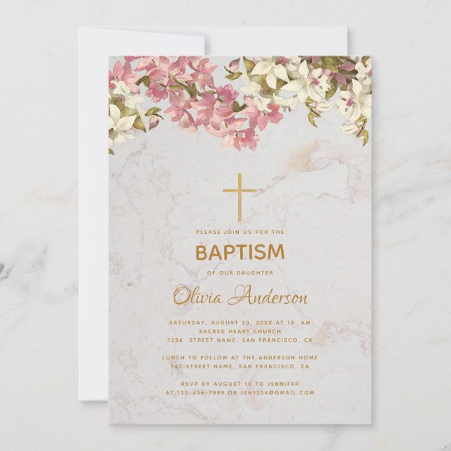 Girl Baptism Blommigt Rosa Orchids Guld Kor Marble Inbjudningar (Framsida)