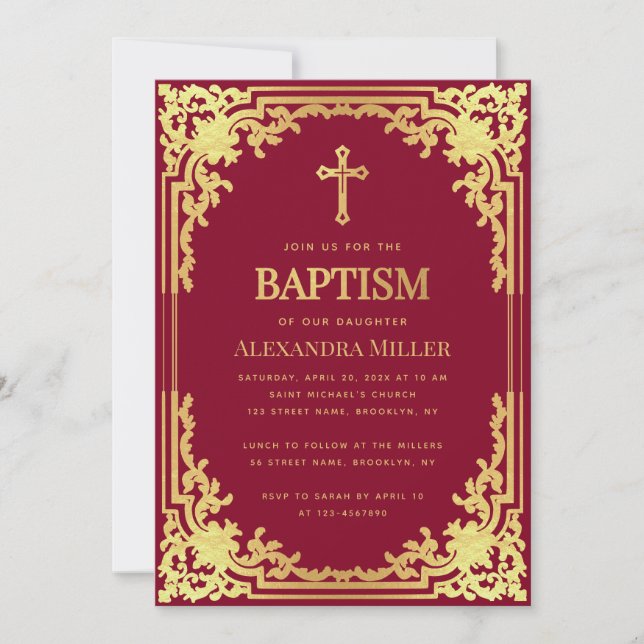 Girl Baptism Burgundy Faux Guld Vintage Religiösa Inbjudningar (Framsida)