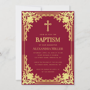 Girl Baptism Burgundy Faux Guld Vintage Religiösa Inbjudningar