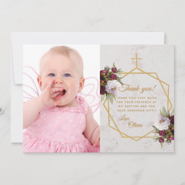 Girl Baptism Burgundy Peonies Guld Kor Marble Tack Kort (Framsida)