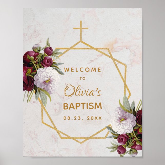Girl Baptism Burgundy Peonies Marble Guld Välkomme Poster (Framsidan)