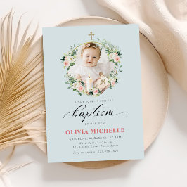 Girl Baptism Christening Blommigt Photo Inbjudningar