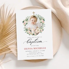 Girl Baptism Christening Blommigt Photo Inbjudningar
