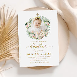 Girl Baptism Christening Blommigt Photo Inbjudningar